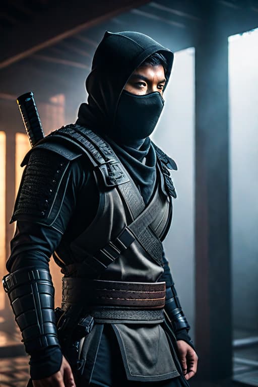  Modern ninja hyperrealistic, full body, detailed clothing, highly detailed, cinematic lighting, stunningly beautiful, intricate, sharp focus, f/1. 8, 85mm, (centered image composition), (professionally color graded), ((bright soft diffused light)), volumetric fog, trending on instagram, trending on tumblr, HDR 4K, 8K