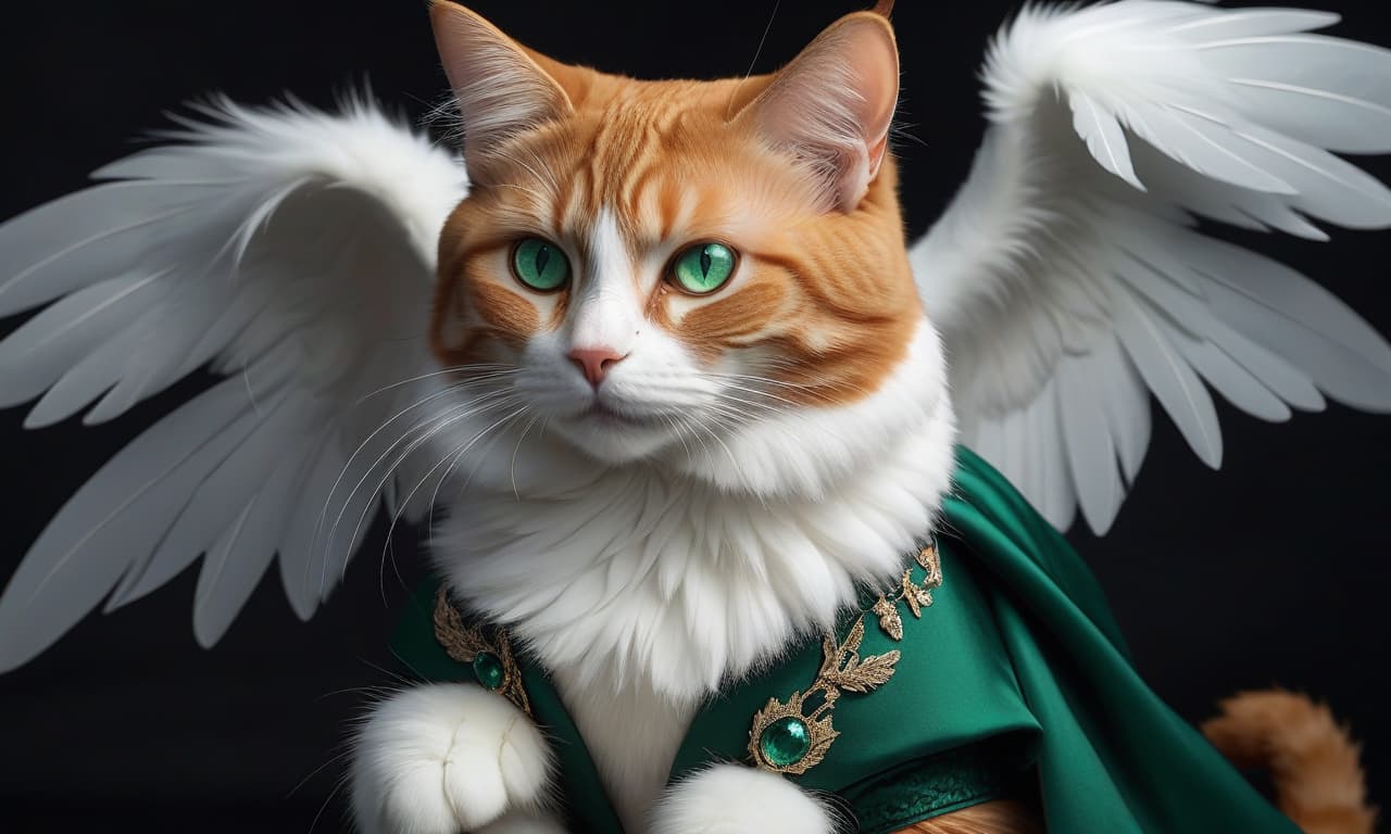  A cat with ginger fur and emerald colored eyes gazes at you lovingly while wearing white gloves, its wings are dark. hyperrealistic, full body, detailed clothing, highly detailed, cinematic lighting, stunningly beautiful, intricate, sharp focus, f/1. 8, 85mm, (centered image composition), (professionally color graded), ((bright soft diffused light)), volumetric fog, trending on instagram, trending on tumblr, HDR 4K, 8K