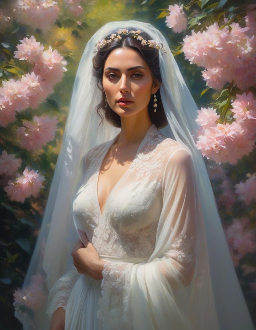  impressionist painting A portrait of a woman with flowers in her hair, intense eyes, surrounded by a veil and ethereal blossoms. . loose brushwork, vibrant color, light and shadow play, captures feeling over form hyperrealistic, full body, detailed clothing, highly detailed, cinematic lighting, stunningly beautiful, intricate, sharp focus, f/1. 8, 85mm, (centered image composition), (professionally color graded), ((bright soft diffused light)), volumetric fog, trending on instagram, trending on tumblr, HDR 4K, 8K