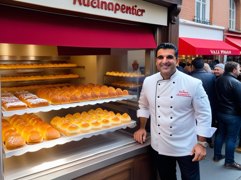  A photorealistic image showcasing Buddy Valastro standing proudly in front of his bustling bakery, with a line of customers eagerly waiting outside. The sunlight illuminates the scene, highlighting the intricate details of the bakery's facade and showcasing the mouthwatering display of pastries and cakes in the window. Valastro, wearing a classic white chef's coat and a warm smile, exudes passion and dedication as he gazes out towards the excited crowd. The image captures the essence of Valastro's journey from a small bakery to global fame, evoking a sense of inspiration and admiration for his success in the world of pastry. hyperrealistic, full body, detailed clothing, highly detailed, cinematic lighting, stunningly beautiful, intricate, sharp focus, f/1. 8, 85mm, (centered image composition), (professionally color graded), ((bright soft diffused light)), volumetric fog, trending on instagram, trending on tumblr, HDR 4K, 8K