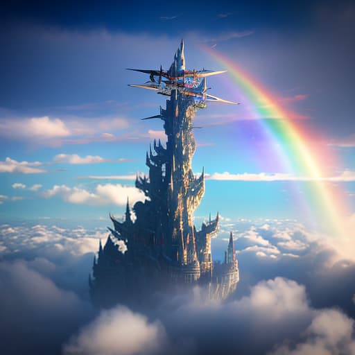  A masterpiece in the style fantasy, metal fishFlying in the sky along the Clouds and rainbow,epic story,maximally detailed,cinematic hyperrealistic, full body, detailed clothing, highly detailed, cinematic lighting, stunningly beautiful, intricate, sharp focus, f/1. 8, 85mm, (centered image composition), (professionally color graded), ((bright soft diffused light)), volumetric fog, trending on instagram, trending on tumblr, HDR 4K, 8K