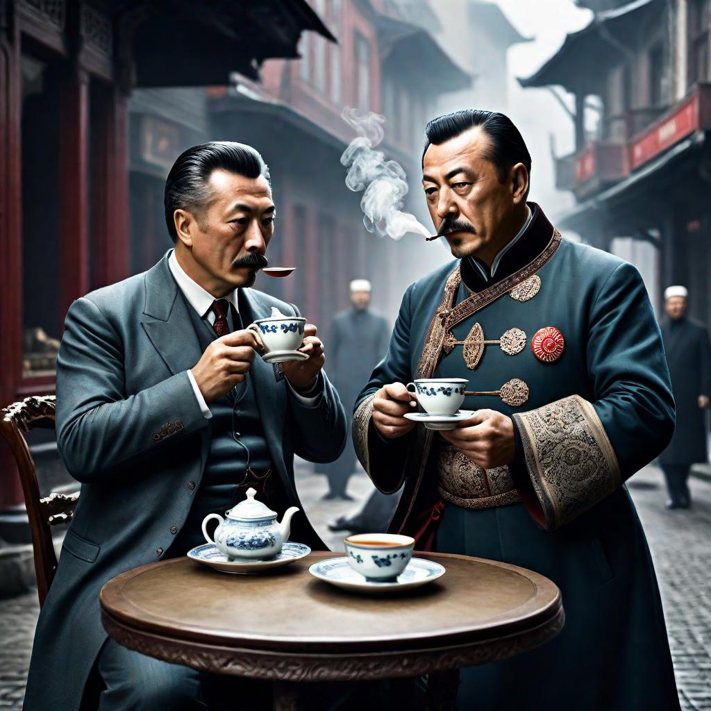  Turkish reformist Tevfik Fikret and Chinese writer Lu Xun are drinking tea in Istanbul hyperrealistic, full body, detailed clothing, highly detailed, cinematic lighting, stunningly beautiful, intricate, sharp focus, f/1. 8, 85mm, (centered image composition), (professionally color graded), ((bright soft diffused light)), volumetric fog, trending on instagram, trending on tumblr, HDR 4K, 8K