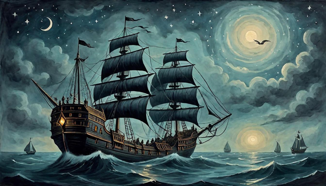  on parchment, surrealism+++, Ship adrift on a dark sea, no wind in its sails, calm waters, starlit sky above, sense of motionless drift, aimless, uncertainty, visually striking(mysterious, provocative, symbolic,muted color)+++