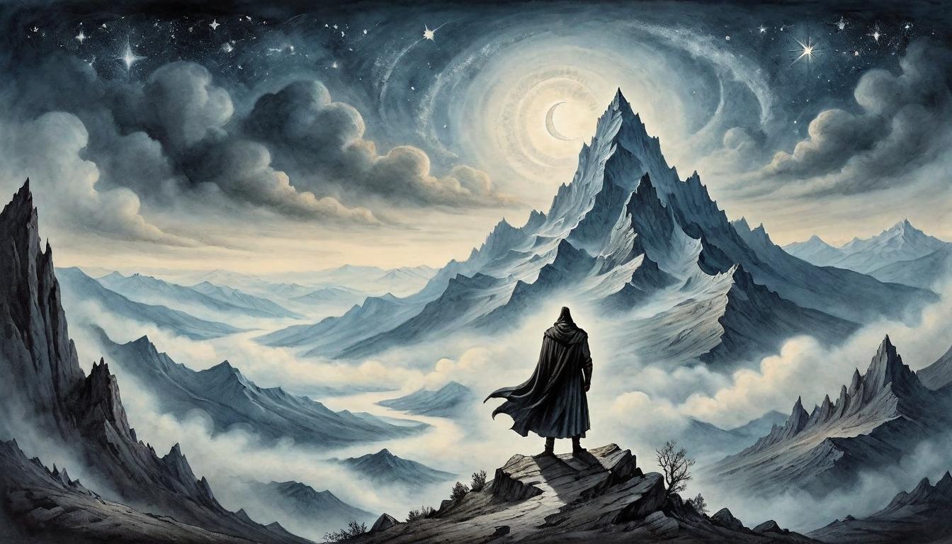  on parchment, surrealism+++, A lone figure standing atop a mountain peak, cloak billowing in the wind, gazing into the distance, symbol of steadfast truth and potential for global change, mountain rugged, under starlit sky, stand embodies conviction and resolve, landscape vast and untamed, inspiring action(mysterious, provocative, symbolic,muted color)+++