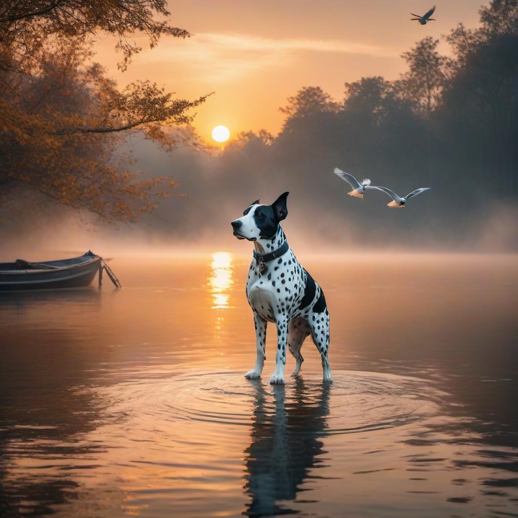  boy and dalmatian dog enjoy a serene walk on a boat amidst still water, surrounded by flying birds and a warm golden sunset. heavenly sun rays, divine soft bright focus, sanctuary in the clouds hyperrealistic, full body, detailed clothing, highly detailed, cinematic lighting, stunningly beautiful, intricate, sharp focus, f/1. 8, 85mm, (centered image composition), (professionally color graded), ((bright soft diffused light)), volumetric fog, trending on instagram, trending on tumblr, HDR 4K, 8K