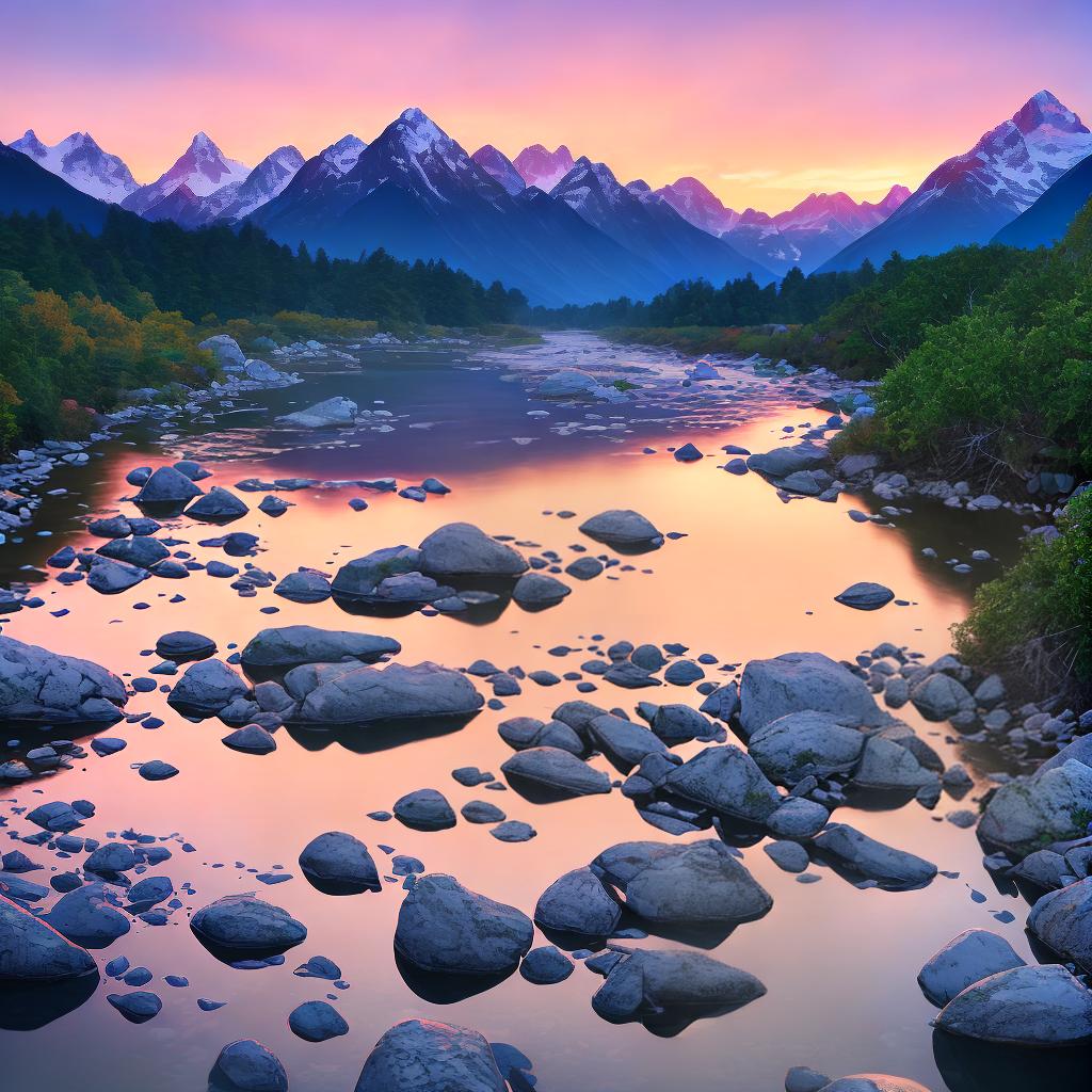  ((Masterpiece)), (((best quality))), 8k, high detailed, ultra-detailed. A scenic view of mountains with a vibrant sunset and a peaceful river. Mountains (towering in the distance), ((snow-capped)), with (lush green forests) covering their slopes. The vibrant sunset (painting the sky) in shades of pink, orange, and purple, casting a warm glow over the entire scene. A peaceful river (flowing gently) through the valley, reflecting the colorful hues of the sunset. The water (crystal-clear), allowing the viewer to see the rocks and pebbles beneath the surface. The scene is (serene and tranquil), with birds (flying overhead) and (subtle ripples) appearing on the river's surface. The overall atmosphere is (magical and awe-inspiring), with a sense  hyperrealistic, full body, detailed clothing, highly detailed, cinematic lighting, stunningly beautiful, intricate, sharp focus, f/1. 8, 85mm, (centered image composition), (professionally color graded), ((bright soft diffused light)), volumetric fog, trending on instagram, trending on tumblr, HDR 4K, 8K