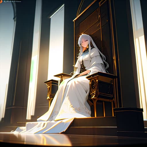  (throne), anime, highly detailed, 4k, high quality, trending on art station hyperrealistic, full body, detailed clothing, highly detailed, cinematic lighting, stunningly beautiful, intricate, sharp focus, f/1. 8, 85mm, (centered image composition), (professionally color graded), ((bright soft diffused light)), volumetric fog, trending on instagram, trending on tumblr, HDR 4K, 8K