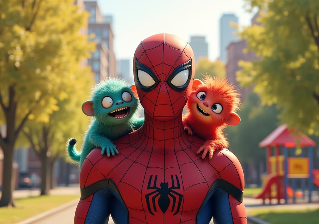  good quality, high quality, a version of spider man, around 1., stands heroically in the center of the image, surrounded by two tiny colorful monsters who are ly interacting with him. spider man is in his clic red and blue suit, his mask slightly tilted, part of his cheek. one monster is sitting on spider man's shoulder, grinning mischievously, while the other is hanging upside down from a spider web, swinging beside him. the background is a vint, colorful city park, with bright green trees, a playground, and the city skyline visible in the distance. the sunlight es the scene in a warm, golden glow, giving a joyful and adventurous atmosphere. spider man and the monsters are the focal poi