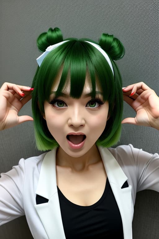  Kawaii with green eyes hair with green certain bangs and with crazy expression on face