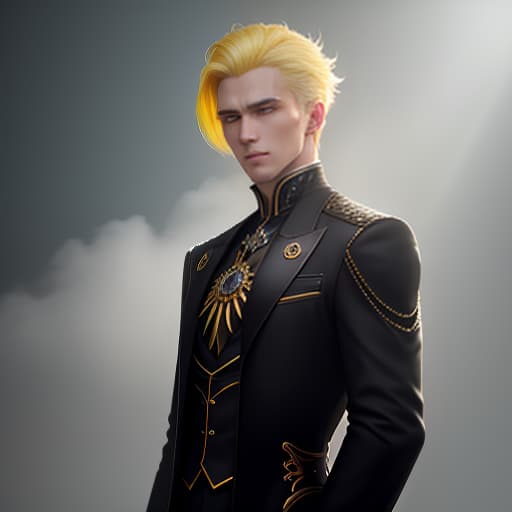  There is one young man in the image. He is standing upright. He has yellow hair. He has blue eyes. He is wearing a black long coat with yellow inserts. hyperrealistic, full body, detailed clothing, highly detailed, cinematic lighting, stunningly beautiful, intricate, sharp focus, f/1. 8, 85mm, (centered image composition), (professionally color graded), ((bright soft diffused light)), volumetric fog, trending on instagram, trending on tumblr, HDR 4K, 8K