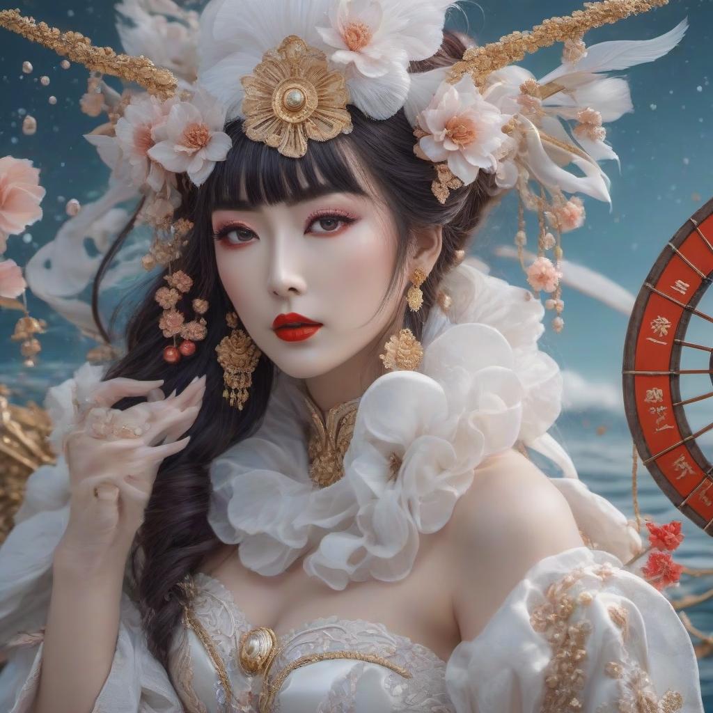  nautical themed "Portrait of a Geisha, abstract surreal art nouveau, decoupage, mixed media, Gustav Klimt." . sea, ocean, ships, maritime, beach, marine life, highly detailed hyperrealistic, full body, detailed clothing, highly detailed, cinematic lighting, stunningly beautiful, intricate, sharp focus, f/1. 8, 85mm, (centered image composition), (professionally color graded), ((bright soft diffused light)), volumetric fog, trending on instagram, trending on tumblr, HDR 4K, 8K