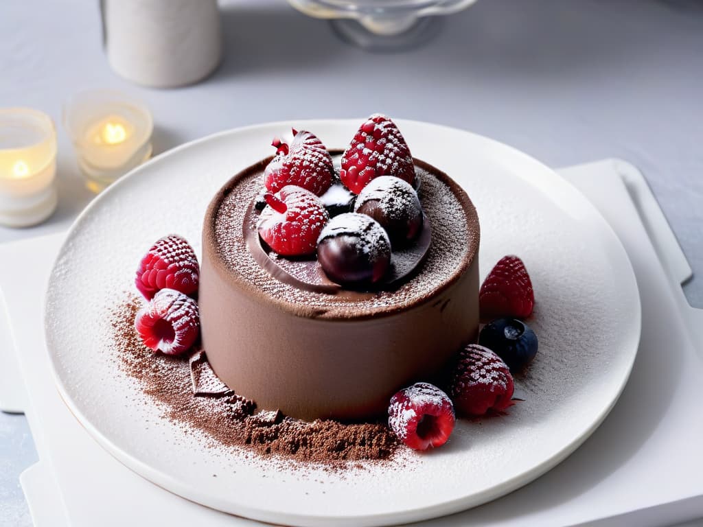  A serene, minimalist image of a decadent vegan chocolate mousse garnished with fresh raspberries, dusted with cocoa powder, and delicately placed on a sleek marble plate. The velvety texture of the mousse contrasts beautifully with the vibrant red of the berries, creating a visually stunning and appetizing composition. The soft lighting highlights the glossy finish of the dessert, emphasizing its luxurious and indulgent appeal. hyperrealistic, full body, detailed clothing, highly detailed, cinematic lighting, stunningly beautiful, intricate, sharp focus, f/1. 8, 85mm, (centered image composition), (professionally color graded), ((bright soft diffused light)), volumetric fog, trending on instagram, trending on tumblr, HDR 4K, 8K