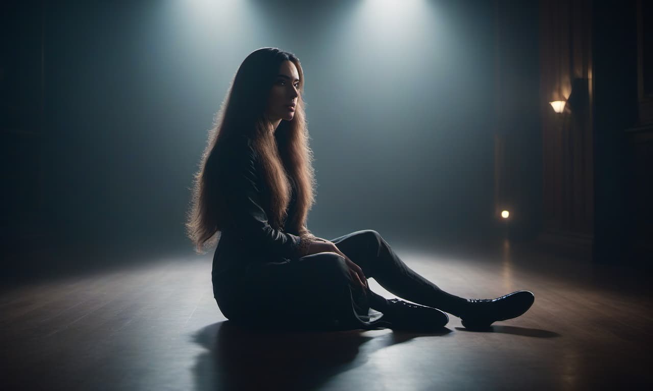  A long haired girl sits alone in a dim room on the floor. hyperrealistic, full body, detailed clothing, highly detailed, cinematic lighting, stunningly beautiful, intricate, sharp focus, f/1. 8, 85mm, (centered image composition), (professionally color graded), ((bright soft diffused light)), volumetric fog, trending on instagram, trending on tumblr, HDR 4K, 8K