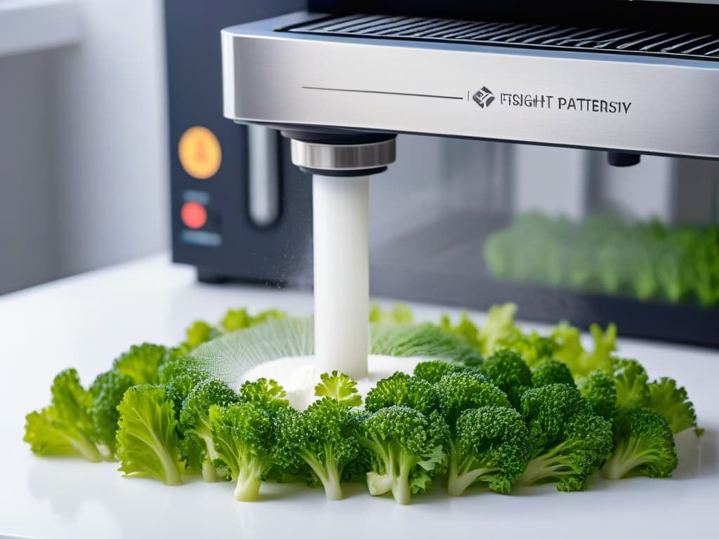  A closeup, ultradetailed image of a transparent 3D printer nozzle meticulously extruding intricate, highquality ingredients like fresh vegetables and grains into a precise, geometric pattern on a pristine, futuristic kitchen countertop. The vibrant colors and textures of the ingredients are so vivid that every minuscule detail, from the delicate water droplets on a leaf of lettuce to the fine grains of rice being deposited, is stunningly clear and lifelike. The lighting is soft yet emphasizes the precision and care of the process, creating a visually striking and minimalist composition that perfectly embodies the fusion of technology and highquality ingredients in the realm of food safety and 3D printing. hyperrealistic, full body, detailed clothing, highly detailed, cinematic lighting, stunningly beautiful, intricate, sharp focus, f/1. 8, 85mm, (centered image composition), (professionally color graded), ((bright soft diffused light)), volumetric fog, trending on instagram, trending on tumblr, HDR 4K, 8K