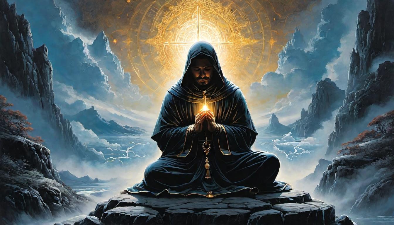  （surrealism)Figure kneeling in prayer, surrounded by divine symbols, aura of light encircling, sacred ambiance, unwavering commitment, divine mission mystic, intricate details, best quality)