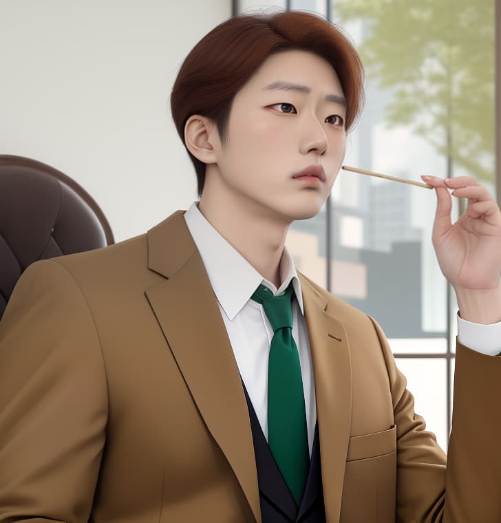  masterpiece, best quality, turn Kusakabe Atsuya into a real life person, he wears a light brown color coat, dark green tie, and white shirt. he has a fiery spikey reddish brown hair, he looks very bored and tired.he is holding an already eaten lollipop stick on his left hand.