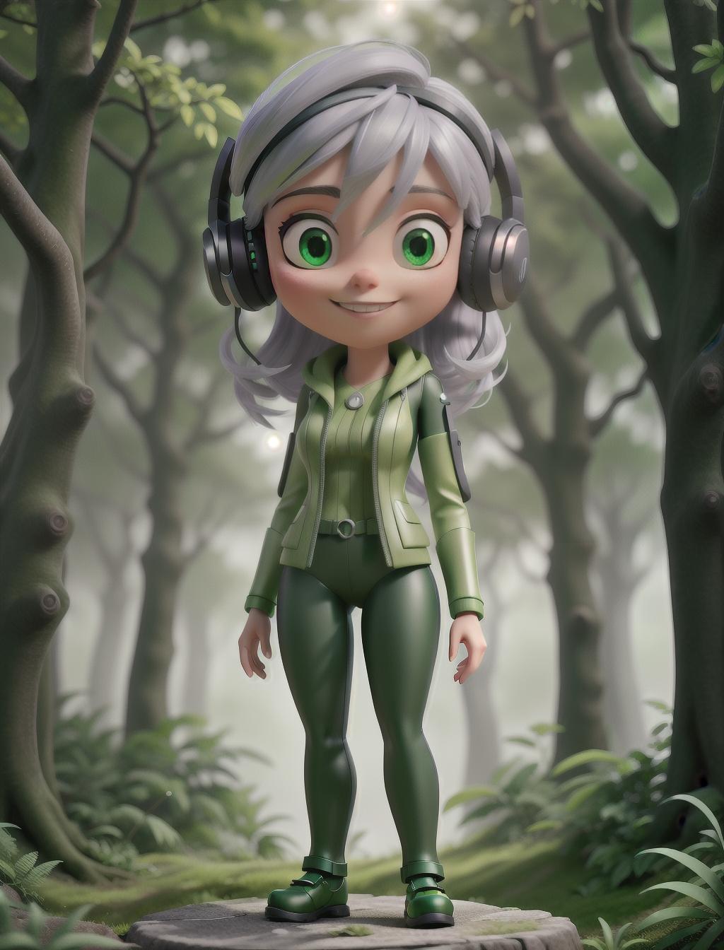  a cute cyborg with silver hair standing in a green forest, Dynamic Background, Vint Color, wearing a headset, enjoying music,  hyperrealistic, full body, detailed clothing, highly detailed, cinematic lighting, stunningly beautiful, intricate, sharp focus, f/1. 8, 85mm, (centered image composition), (professionally color graded), ((bright soft diffused light)), volumetric fog, trending on instagram, trending on tumblr, HDR 4K, 8K