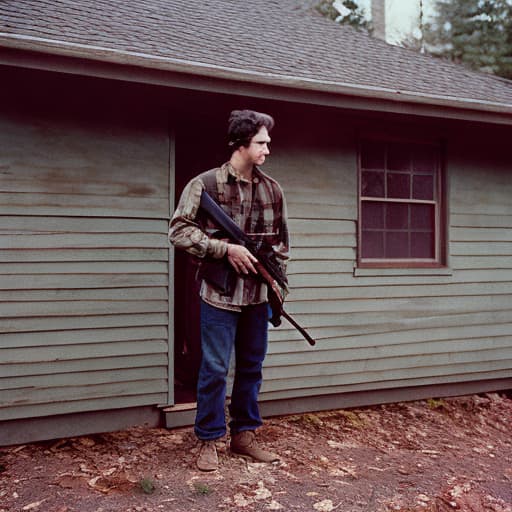 analog style A man in plain clothes holding a rifle, covered in blood, standing in front of a wooden house.