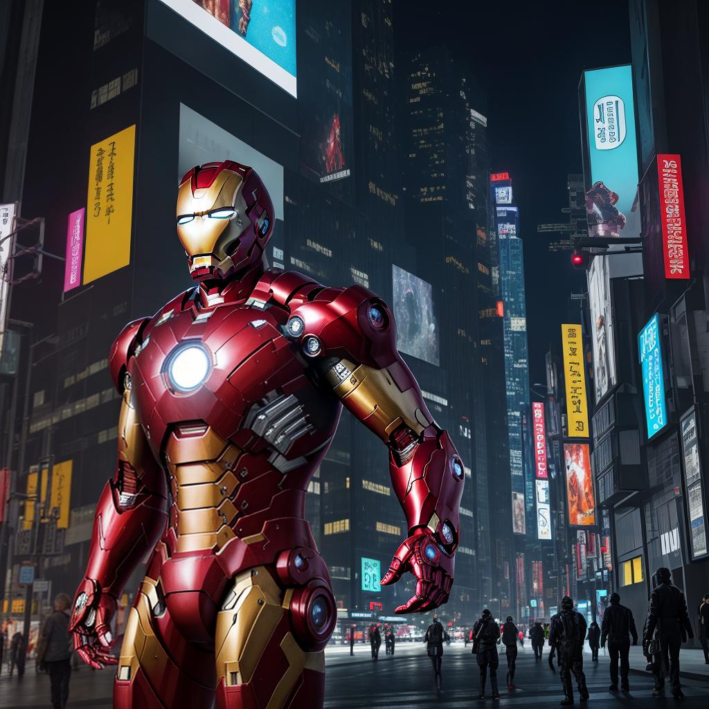  masterpiece, best quality, Best quality, masterpiece, 8k resolution, realistic, highly detailed, close up of Iron Man. In a cyberpunk-style night scene of the city, he stands on a street lined with tall buildings. The city's night lights are bright, The surrounding buildings and streets are filled with cyberpunk elements such as neon lights, high-tech devices, and futuristic architectural designs.