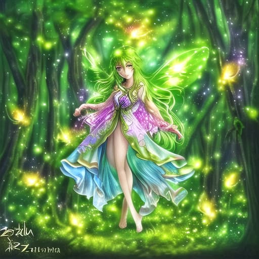  forest fairy, fairy forest, fireflies. the style of Zhanna Batistova, beautiful, cute. full body. her hair is rendered in a vibrant. eyes catching color with intricate details and highlights. 32k. UHD