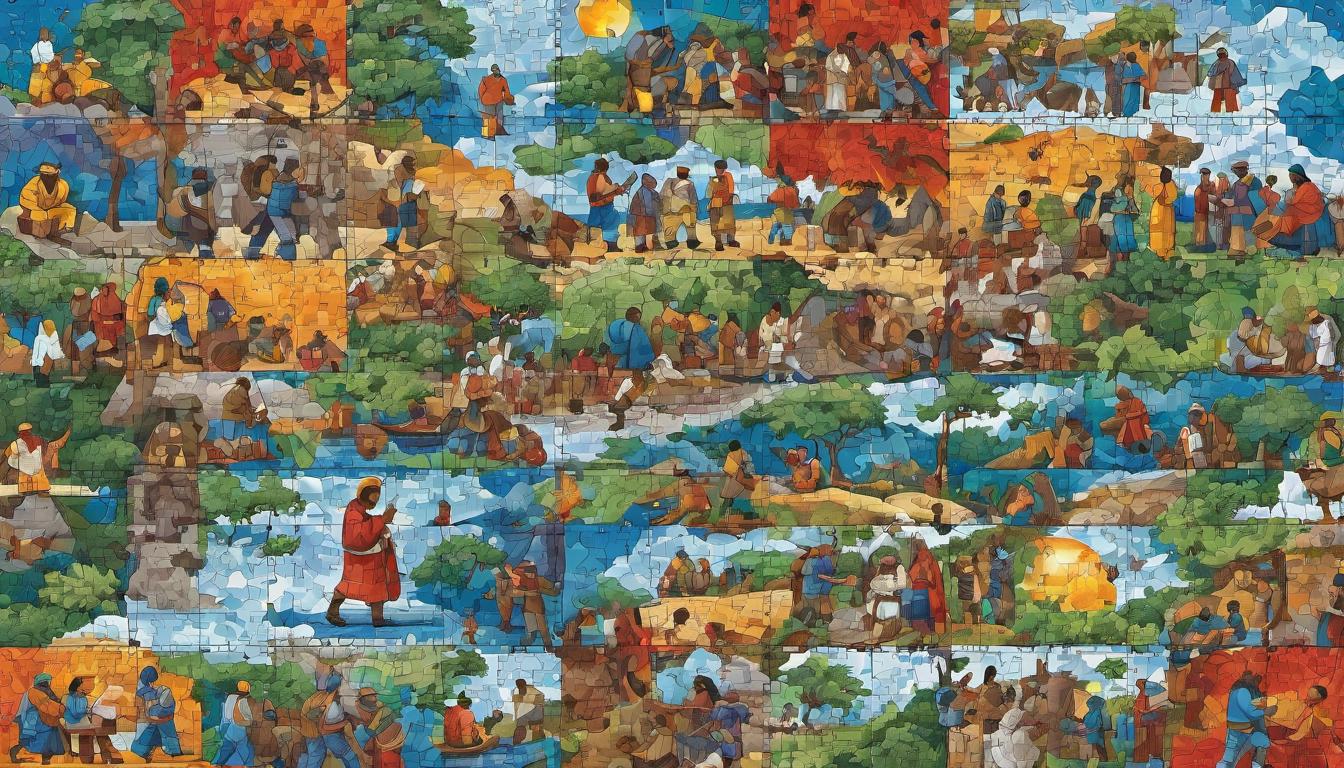  digital illustration, A mosaic of different scenes showing people in varied roles, interconnected puzzle pieces forming a larger image, diversity in action, holistic support, earth and human evolution, looking at viewer, dynamic pose, (intricate details, masterpiece, best quality)