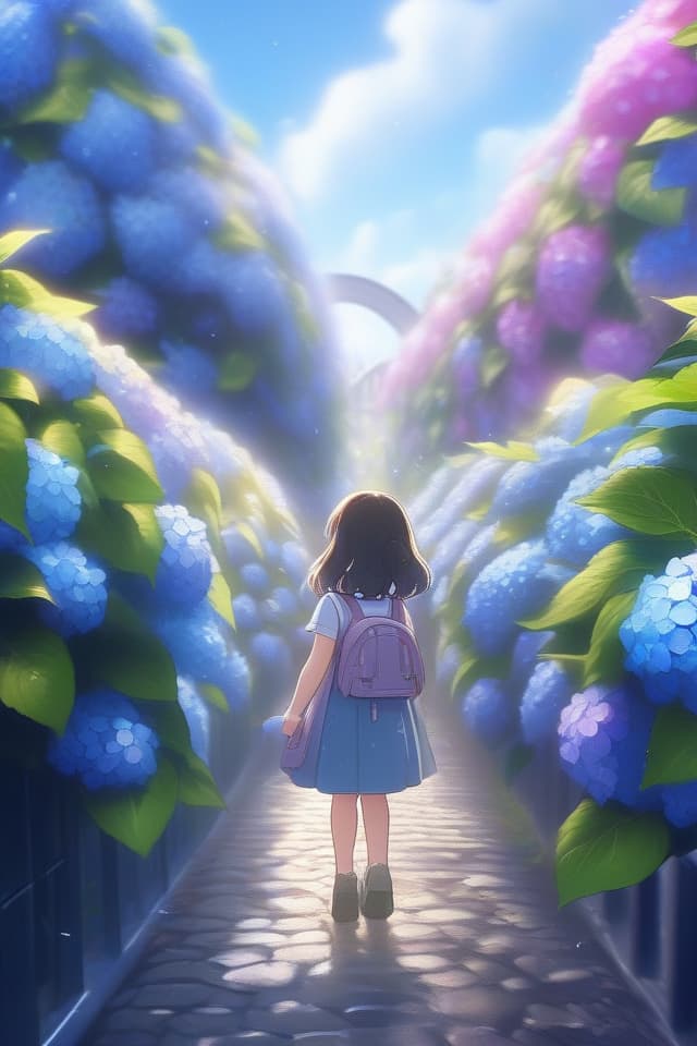  The back of a girl looking up in the sky, a cobblestone park, Hydrangea, (Many Hydrangease) Masterpiece, After Rain, Rainbow, Sunlight, High Quality, 8k