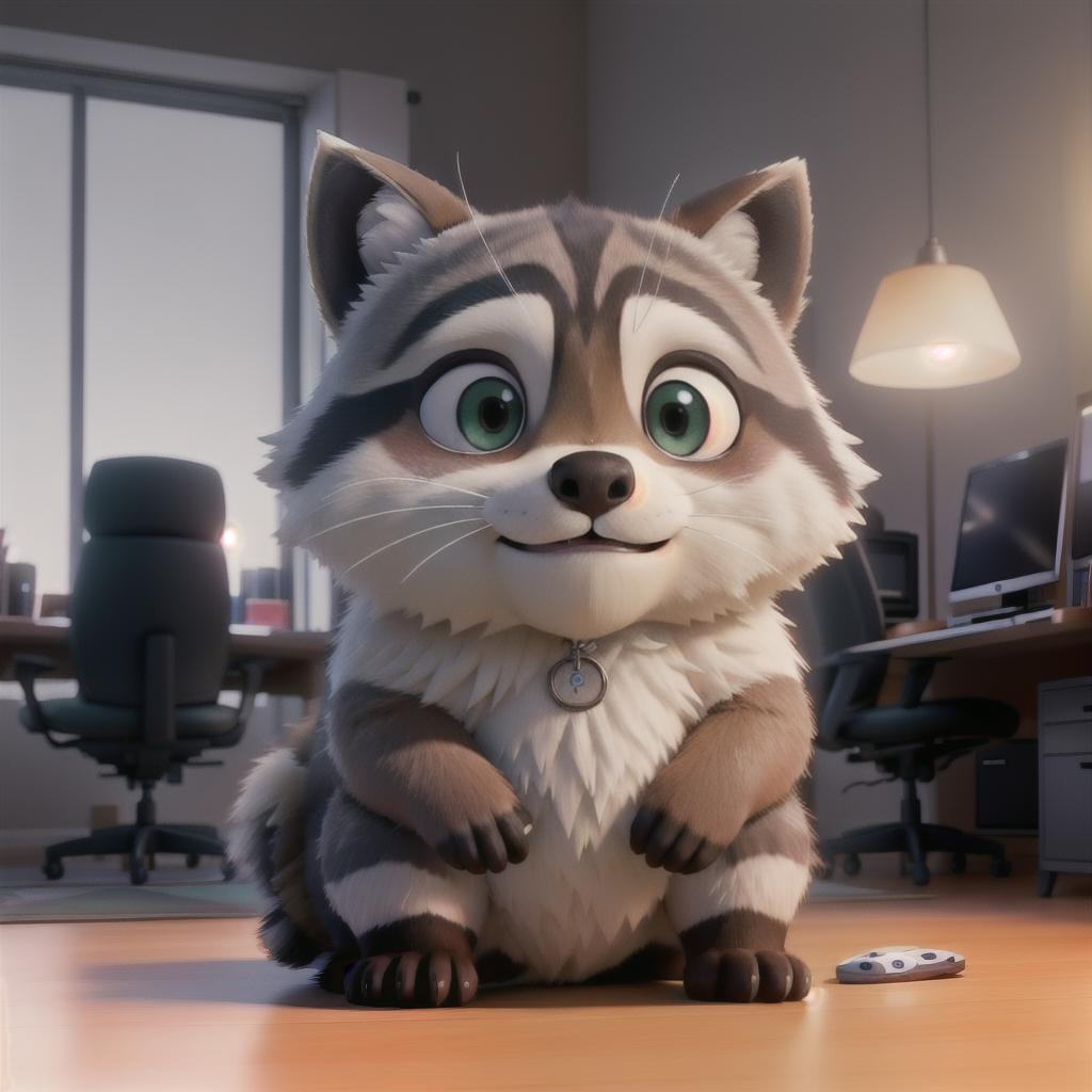  raccoon sitting in gaming chair front a computer on desktop, ((semi anthropomorphic)),(full body), tail, belly, sitting, fat, (chubby), (((white background))), solo, desktop, gaming chair, side view,  [[[clothes]]] hyperrealistic, full body, detailed clothing, highly detailed, cinematic lighting, stunningly beautiful, intricate, sharp focus, f/1. 8, 85mm, (centered image composition), (professionally color graded), ((bright soft diffused light)), volumetric fog, trending on instagram, trending on tumblr, HDR 4K, 8K