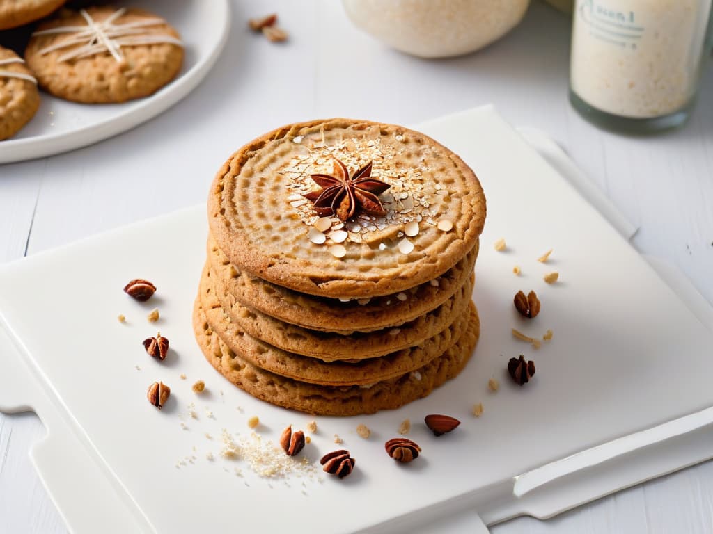  A closeup, ultradetailed image of a perfectly goldenbrown diabeticfriendly oatmeal cookie with visible oats and a sprinkling of cinnamon on top, resting on a sleek, modern white plate. The cookie is surrounded by a scattering of whole oats and a few cinnamon sticks, all set against a clean, minimalist background to emphasize the texture and warmth of the treat. hyperrealistic, full body, detailed clothing, highly detailed, cinematic lighting, stunningly beautiful, intricate, sharp focus, f/1. 8, 85mm, (centered image composition), (professionally color graded), ((bright soft diffused light)), volumetric fog, trending on instagram, trending on tumblr, HDR 4K, 8K