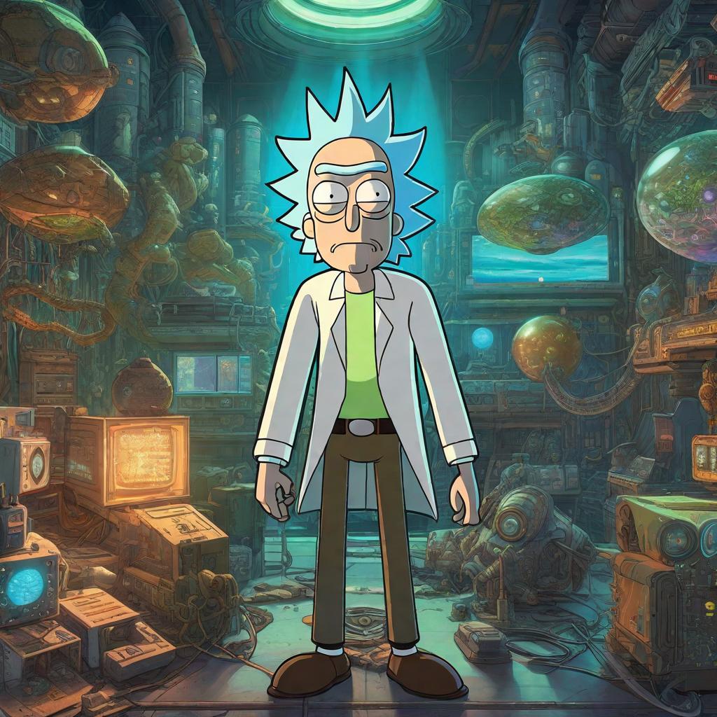  Rick and Morty, realistic, portrait, art by donato giancola and greg rutkowski, realistic face, digital art, trending on artstation hyperrealistic, full body, detailed clothing, highly detailed, cinematic lighting, stunningly beautiful, intricate, sharp focus, f/1. 8, 85mm, (centered image composition), (professionally color graded), ((bright soft diffused light)), volumetric fog, trending on instagram, trending on tumblr, HDR 4K, 8K