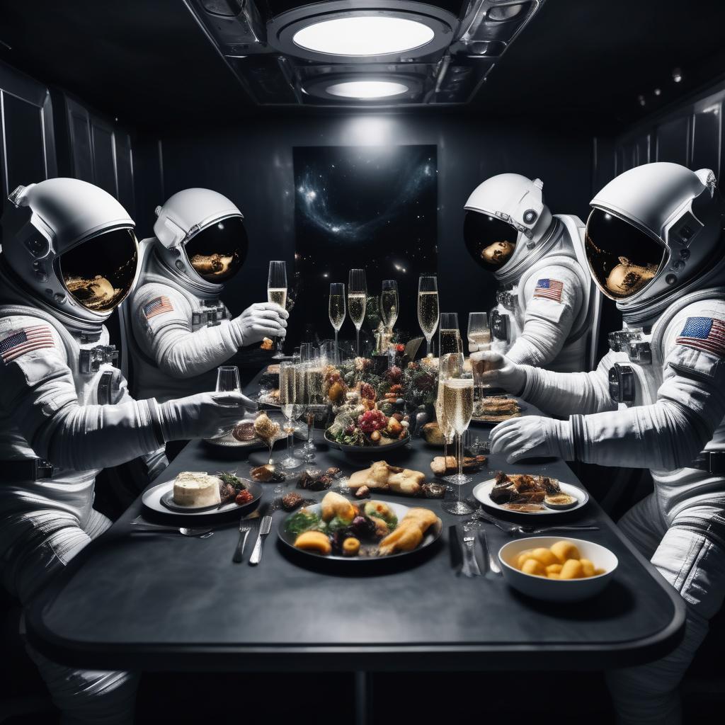  astronauts in spacesuits at a large table. they drink champagne. rich table the table is filled with beautiful food, gloomy atmosphere. details. dark theme