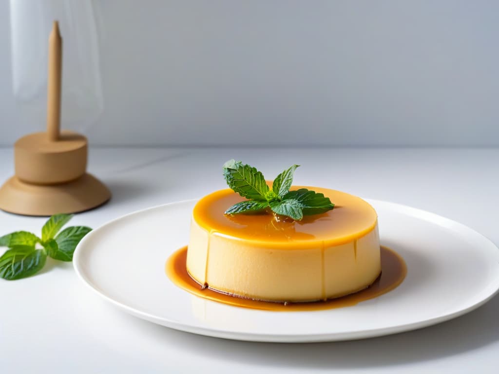  A highresolution, minimalist image of a perfectly goldenbrown flan with a smooth, glossy surface, resting on a simple white plate. The flan is delicately garnished with a single sprig of fresh mint, adding a pop of green color to the otherwise monochromatic scene. The lighting is soft, emphasizing the creamy texture of the dessert and creating a visually appealing contrast between the caramelized top and the pristine white plate. hyperrealistic, full body, detailed clothing, highly detailed, cinematic lighting, stunningly beautiful, intricate, sharp focus, f/1. 8, 85mm, (centered image composition), (professionally color graded), ((bright soft diffused light)), volumetric fog, trending on instagram, trending on tumblr, HDR 4K, 8K