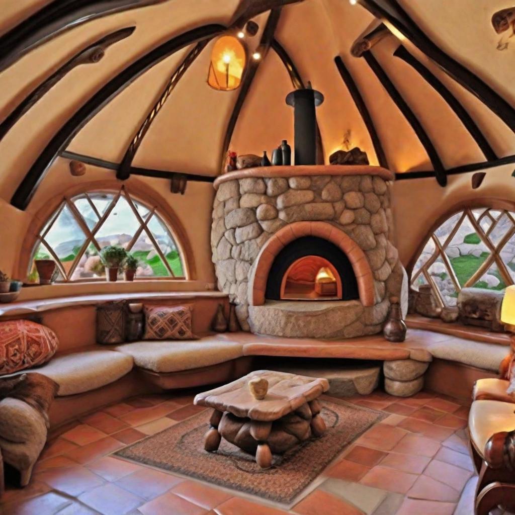  masterpiece, best quality,Detailed adobe dome home exterior and interior. Inspired by a 2 bedroom hobbit house and furnished with a stone fireplace,