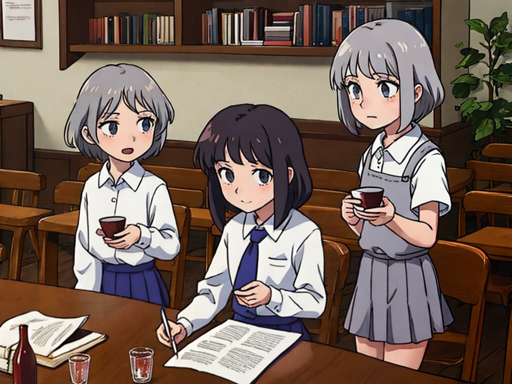  Two anime girls, grey hair, short skirts, white shirts, one sits in the table in the court