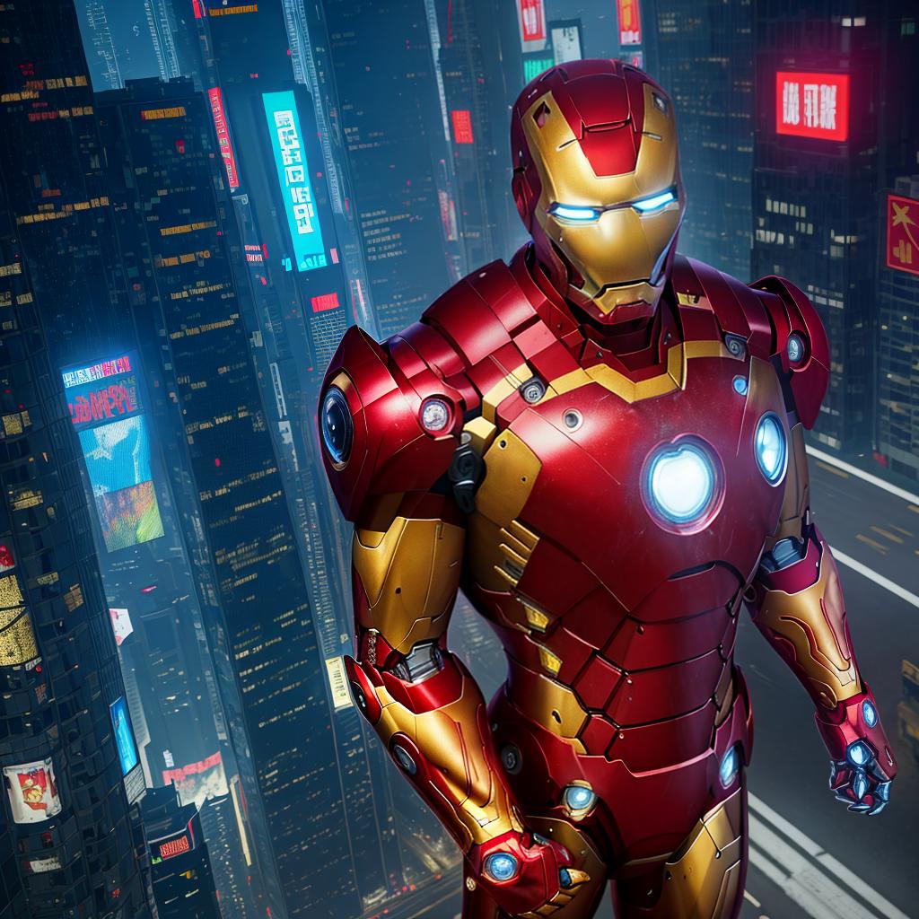  masterpiece, best quality, masterpiece, 8k resolution, realistic, highly detailed, Iron Man close-up. He stands on a street lined with tall buildings in a cyberpunk style city at night. The city's night lights are bright, and the surrounding buildings and streets are full of cyberpunk elements such as neon lights, high-tech equipment and futuristic architectural design.