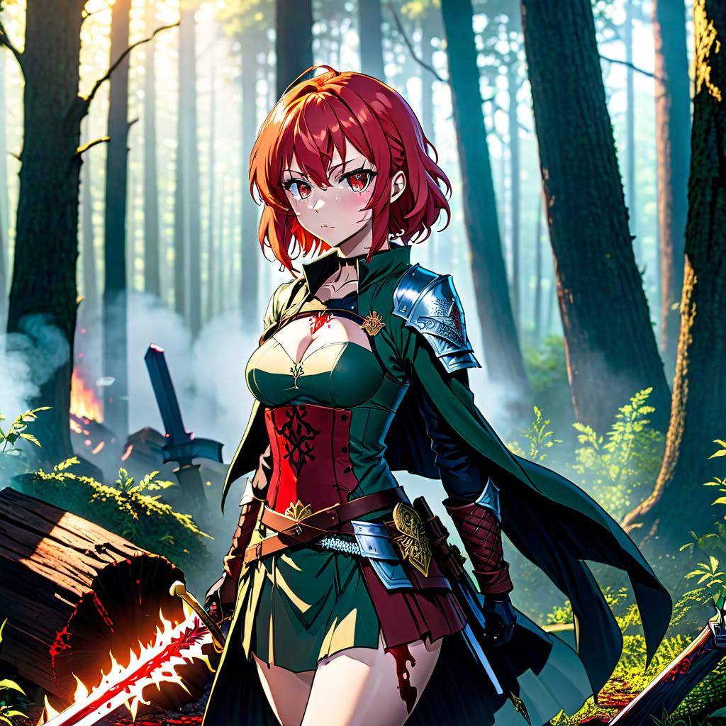  anime artwork A woman with red hair and blood on her clothes stands in a forest with a sword in her hand. She appears to be injured. There is fire in the background. . anime style, key visual, vibrant, studio anime, highly detailed, STICKER hyperrealistic, full body, detailed clothing, highly detailed, cinematic lighting, stunningly beautiful, intricate, sharp focus, f/1. 8, 85mm, (centered image composition), (professionally color graded), ((bright soft diffused light)), volumetric fog, trending on instagram, trending on tumblr, HDR 4K, 8K