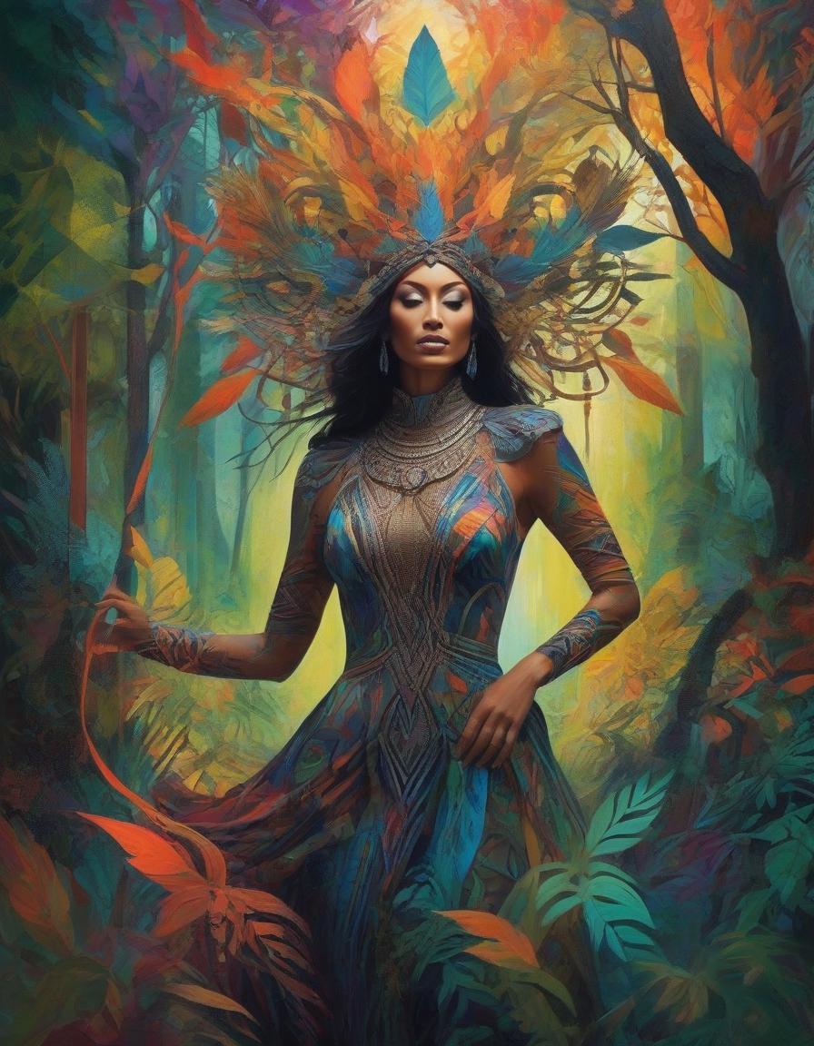  abstract expressionist painting A stunning digital painting of a mysterious forest woman with intricate details, geometric patterns, and surreal elements. The artwork is highly detailed, photorealistic, and beautifully balanced, showcasing a masterful blend of fantasy and realism. . energetic brushwork, bold colors, abstract forms, expressive, emotional hyperrealistic, full body, detailed clothing, highly detailed, cinematic lighting, stunningly beautiful, intricate, sharp focus, f/1. 8, 85mm, (centered image composition), (professionally color graded), ((bright soft diffused light)), volumetric fog, trending on instagram, trending on tumblr, HDR 4K, 8K