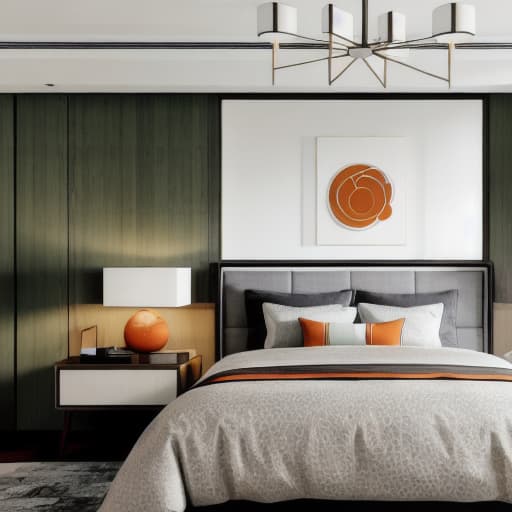  Modern bedroom with bed, side tables and wall art in neutral tones with accents of dark green and orange. The room has large windows that illuminate the space with natural light. There is carpet on the floor and wooden paneling on one walls. In front there's an elegant grey fabric headboard and soft bedding. On each bedside table stand modern lamps casting warm glow over the scene. A minimalist painting hangs above it.