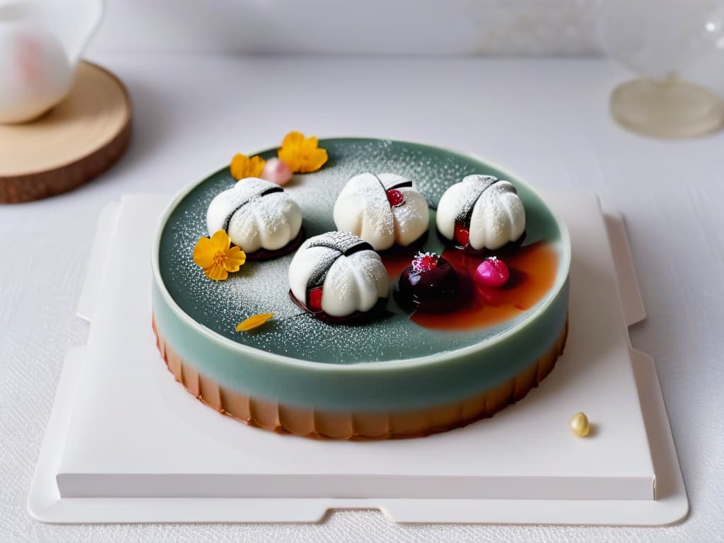  A closeup, ultradetailed image of a traditional Japanese wagashi dessert, featuring a meticulously crafted sweet mochi ball filled with red bean paste, delicately placed on a minimalist white porcelain plate with subtle hints of traditional Japanese cherry blossom motifs in the background. The vibrant colors and intricate textures of the dessert are emphasized by the soft, natural lighting, creating a visually stunning and mouthwatering scene that perfectly encapsulates the delicate beauty and exquisite flavors of Japanese desserts. hyperrealistic, full body, detailed clothing, highly detailed, cinematic lighting, stunningly beautiful, intricate, sharp focus, f/1. 8, 85mm, (centered image composition), (professionally color graded), ((bright soft diffused light)), volumetric fog, trending on instagram, trending on tumblr, HDR 4K, 8K