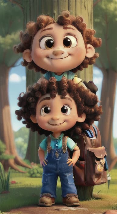  {The tree with a smiling face formed by its bark, looking down at Riley., Riley, a curious with big brown eyes and curly hair, wearing overalls and carrying a small backpack. Their friend, Skye, a bluebird with shiny feathers.