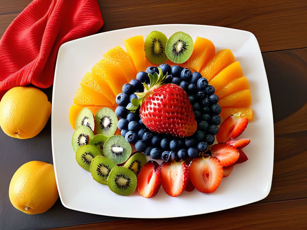  A closeup, highresolution image of a beautifully arranged fruit platter with vibrant colors and a variety of fruits such as strawberries, blueberries, raspberries, and slices of oranges and kiwis. The fruits are meticulously placed on a sleek, white ceramic plate, showcasing a perfect balance of colors and shapes that exude freshness and healthiness. The image is captured with sharp detail, highlighting the natural textures and juiciness of the fruits, making them look irresistibly enticing and appealing. hyperrealistic, full body, detailed clothing, highly detailed, cinematic lighting, stunningly beautiful, intricate, sharp focus, f/1. 8, 85mm, (centered image composition), (professionally color graded), ((bright soft diffused light)), volumetric fog, trending on instagram, trending on tumblr, HDR 4K, 8K