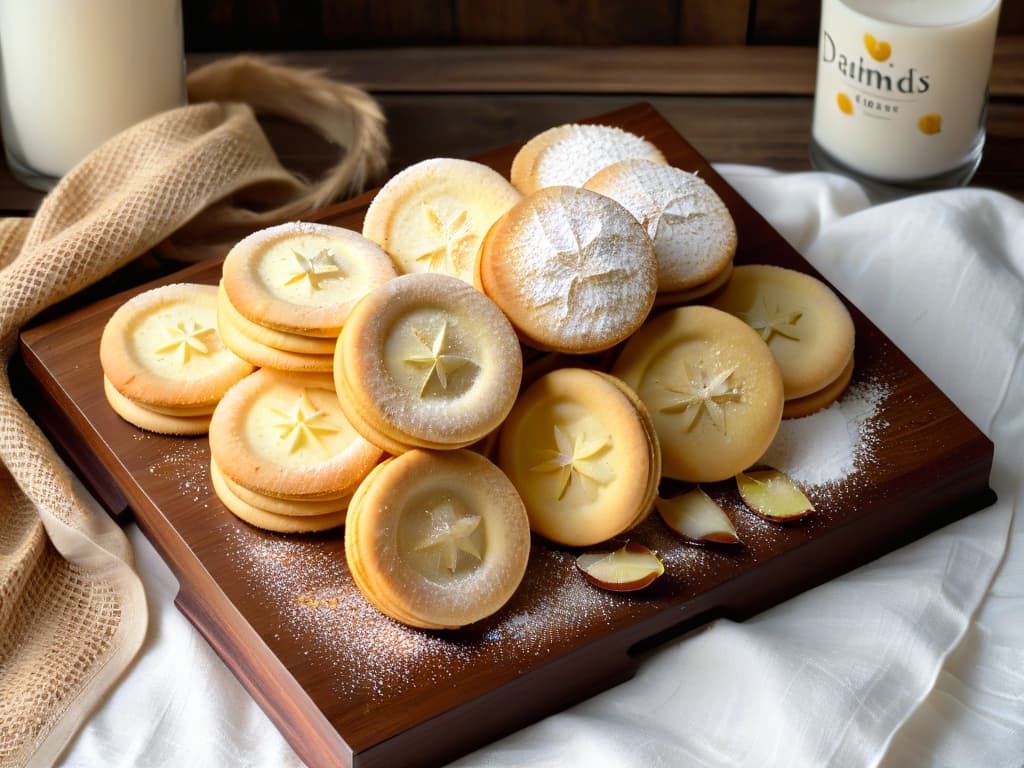  A closeup, photorealistic image of a freshly baked batch of Danish butter cookies arranged on a rustic wooden tray, showcasing their goldenbrown, perfectly crumbly texture. The cookies are delicately adorned with a sprinkle of powdered sugar, sliced almonds, and a hint of lemon zest, emanating a warm, inviting aroma that evokes cozy afternoon tea sessions in a quaint Danish countryside kitchen. hyperrealistic, full body, detailed clothing, highly detailed, cinematic lighting, stunningly beautiful, intricate, sharp focus, f/1. 8, 85mm, (centered image composition), (professionally color graded), ((bright soft diffused light)), volumetric fog, trending on instagram, trending on tumblr, HDR 4K, 8K