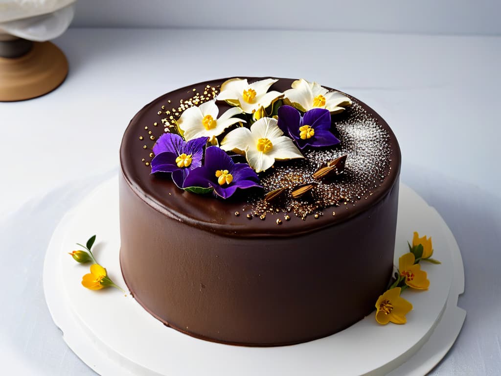  An 8k ultradetailed image of a beautifully intricate chocolate cake decorated with delicate edible flowers, shimmering gold leaf, and precise piped frosting details, all set against a clean, minimalist background to emphasize the exquisite craftsmanship and artistry involved in professional pastry photography enhanced with Augmented Reality. hyperrealistic, full body, detailed clothing, highly detailed, cinematic lighting, stunningly beautiful, intricate, sharp focus, f/1. 8, 85mm, (centered image composition), (professionally color graded), ((bright soft diffused light)), volumetric fog, trending on instagram, trending on tumblr, HDR 4K, 8K