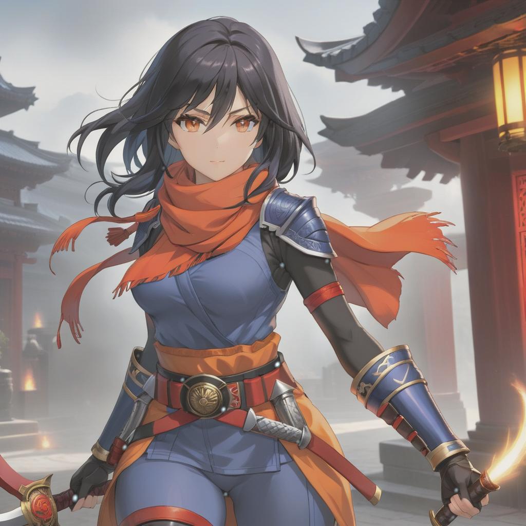  A young with black hair and indigo colored eyes stood out. Her orange scarf and armor were particularly eye catching. She was also wearing a red ninja outfit, a black belt, a staff, black and red cers, dark gray and red greaves, black short leggings, and dark gray boots. hyperrealistic, full body, detailed clothing, highly detailed, cinematic lighting, stunningly beautiful, intricate, sharp focus, f/1. 8, 85mm, (centered image composition), (professionally color graded), ((bright soft diffused light)), volumetric fog, trending on instagram, trending on tumblr, HDR 4K, 8K