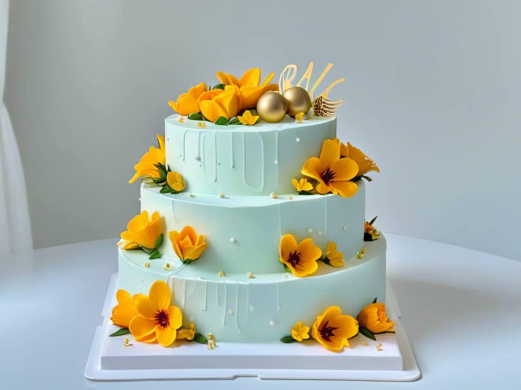  A stunning, photorealistic image showcasing an intricately decorated threetiered cake as the centerpiece. The cake is adorned with vibrant edible flowers, delicate piping work, and shimmering gold accents. The background features a pristine white marble countertop, with scattered kitchen tools like piping bags, spatulas, and edible glitter dust adding a touch of authenticity. The lighting is soft and diffused, highlighting every detail of the cake's exquisite design, making it a true feast for the eyes and a perfect representation of creative pastry craftsmanship for online certification in creative baking on Instagram. hyperrealistic, full body, detailed clothing, highly detailed, cinematic lighting, stunningly beautiful, intricate, sharp focus, f/1. 8, 85mm, (centered image composition), (professionally color graded), ((bright soft diffused light)), volumetric fog, trending on instagram, trending on tumblr, HDR 4K, 8K