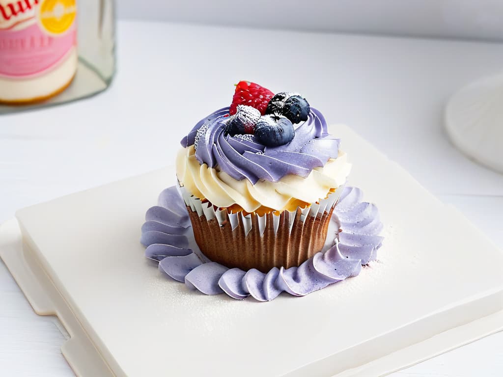  A minimalist image of a beautifully decorated gourmet healthy cupcake on a sleek, modern plate. The cupcake is topped with a delicate swirl of frosting, fresh berries, and a sprinkle of edible flowers, all set against a clean, white background to emphasize its elegance and sophistication. hyperrealistic, full body, detailed clothing, highly detailed, cinematic lighting, stunningly beautiful, intricate, sharp focus, f/1. 8, 85mm, (centered image composition), (professionally color graded), ((bright soft diffused light)), volumetric fog, trending on instagram, trending on tumblr, HDR 4K, 8K