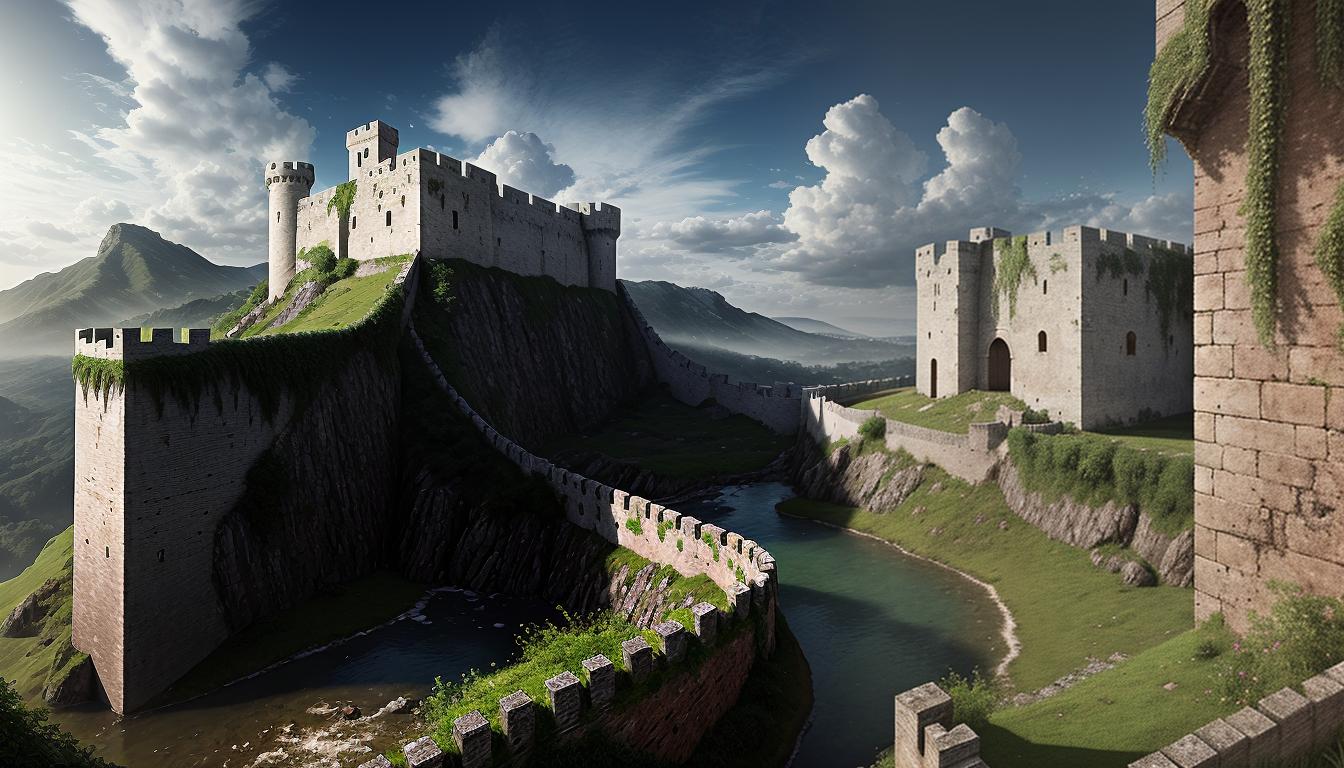  digital illustration, A fortress wall, cracks and breaches labeled 'neglect', 'ignorance', fort surrounded by lush landscape labeled 'investment', strong, steadfast wall protecting valuable interior, detailed bricks and battlements, sense of security and defense, looking at viewer, dynamic pose, (intricate details, masterpiece, best quality)