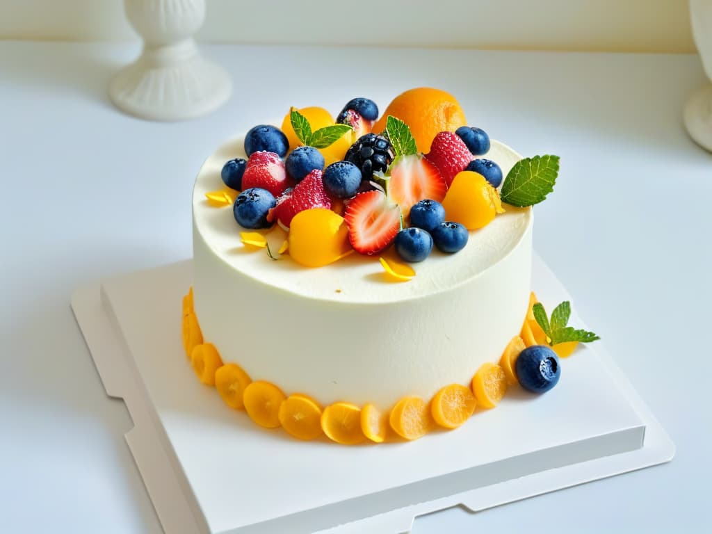  An ultradetailed image of a beautifully decorated vegan organic cake, adorned with intricate fresh fruit designs and delicate edible flowers, set against a clean, white background to emphasize the vibrant colors and artistic presentation. hyperrealistic, full body, detailed clothing, highly detailed, cinematic lighting, stunningly beautiful, intricate, sharp focus, f/1. 8, 85mm, (centered image composition), (professionally color graded), ((bright soft diffused light)), volumetric fog, trending on instagram, trending on tumblr, HDR 4K, 8K