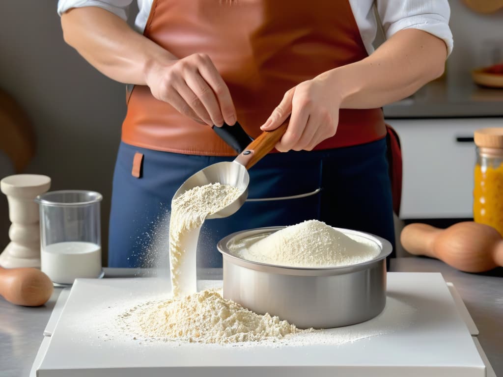  A photorealistic image of a professional baker carefully sifting flour through a fine mesh sieve, with a soft, diffused light illuminating the tiny particles of flour as they fall gently into a mixing bowl below. The baker's hands are steady and focused, showcasing the precision and attention to detail required for achieving a perfect finish in baking. The background features an array of colorful ingredients and tools neatly arranged on a marble countertop, adding to the aesthetic appeal and inspiration for aspiring bakers. hyperrealistic, full body, detailed clothing, highly detailed, cinematic lighting, stunningly beautiful, intricate, sharp focus, f/1. 8, 85mm, (centered image composition), (professionally color graded), ((bright soft diffused light)), volumetric fog, trending on instagram, trending on tumblr, HDR 4K, 8K