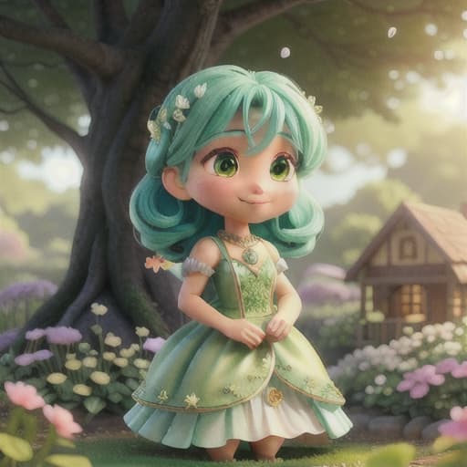  Prompt: In this lovely illustration, depict a scene set in a magical garden that is flourishing and vibrant with various fruit trees under a bright spring sky. The main character is a charming fairy named Rina. She is small and wears a flowing dress in shades of pastel green and pink. Her wings look like delicate rainbow-colored shimmering petals. Her hair is a beautiful hue of forest green, adorned with small, pretty flowers. She has a gentle, warm smile on her face as she tends to the garden, capturing her loving and caring nature. The centerpiece of this scene is a robust apple tree, standing taller than the others. Rina is floating in front of this tree, holding a small, beautifully decorated stone, which sparkles in its own magical wa hyperrealistic, full body, detailed clothing, highly detailed, cinematic lighting, stunningly beautiful, intricate, sharp focus, f/1. 8, 85mm, (centered image composition), (professionally color graded), ((bright soft diffused light)), volumetric fog, trending on instagram, trending on tumblr, HDR 4K, 8K