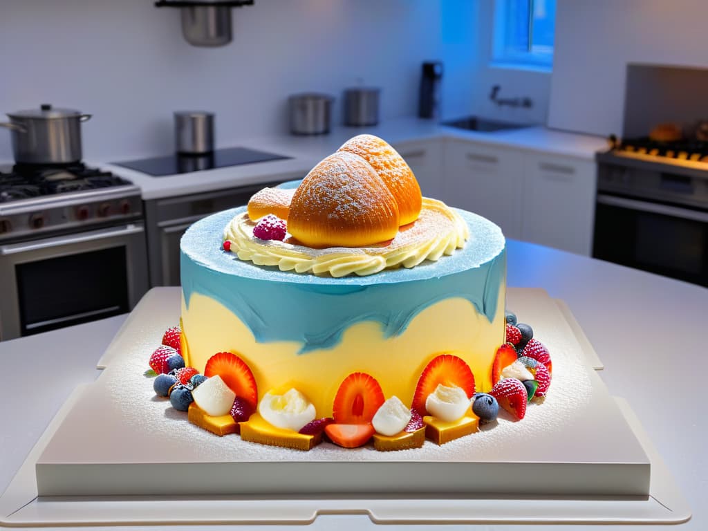  An ultradetailed image of a virtual reality headset with intricate circuit patterns and glowing lights, surrounded by floating colorful holographic pastry ingredients like flour, eggs, sugar, and berries, all intertwined in a mesmerizing display of augmented reality technology. The headset is placed on a sleek, modern kitchen counter, symbolizing the fusion of traditional baking techniques with cuttingedge interactive learning tools, creating a visually striking representation of the article's theme of success stories in pastrymaking through augmented reality. hyperrealistic, full body, detailed clothing, highly detailed, cinematic lighting, stunningly beautiful, intricate, sharp focus, f/1. 8, 85mm, (centered image composition), (professionally color graded), ((bright soft diffused light)), volumetric fog, trending on instagram, trending on tumblr, HDR 4K, 8K